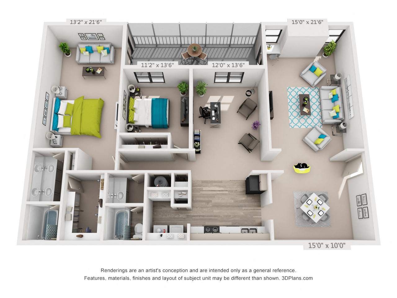 Floor plan for 2 beds, 2 baths, 1732 sqft